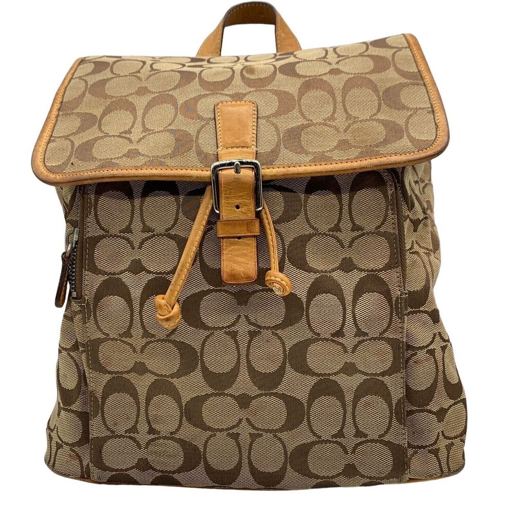 Vintage COACH Backpack Monogram CC Print Tan Beige Leather Y2K CLASSIC - Picture 3 of 12